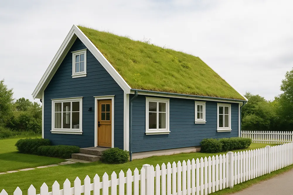 Eco Friendly Modern Blue House with Grass Roof and White Picket Fence