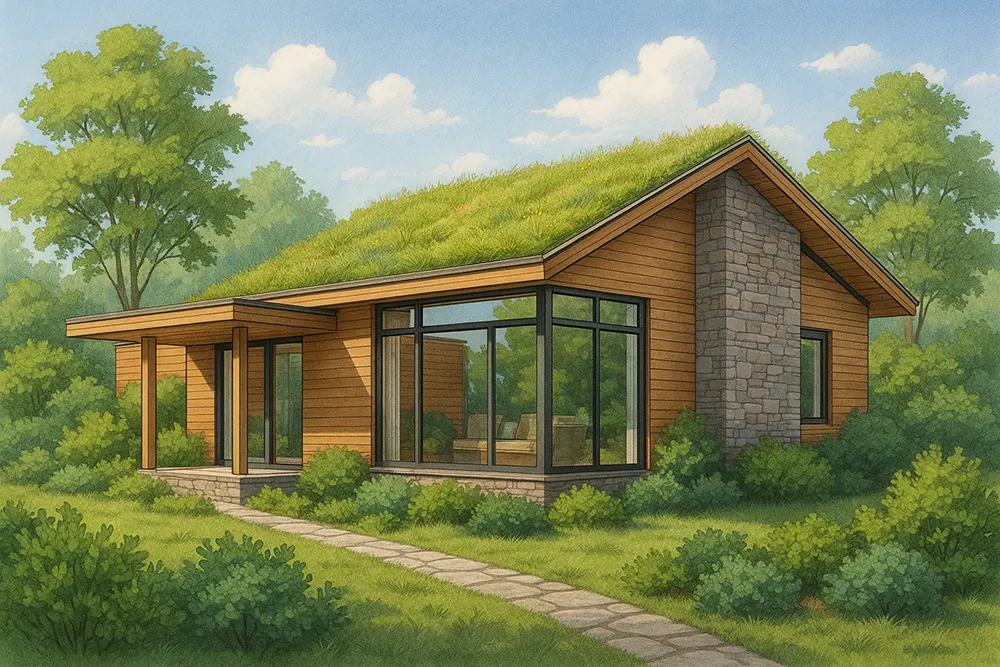 A beautifully designed modern house surrounded by lush greenery, featuring a sloped green roof fully covered in grass and native plants. The home has wood panel siding, large glass windows, a stone accent wall, and is set amidst trees and landscaped bushes under a bright blue sky with scattered clouds
