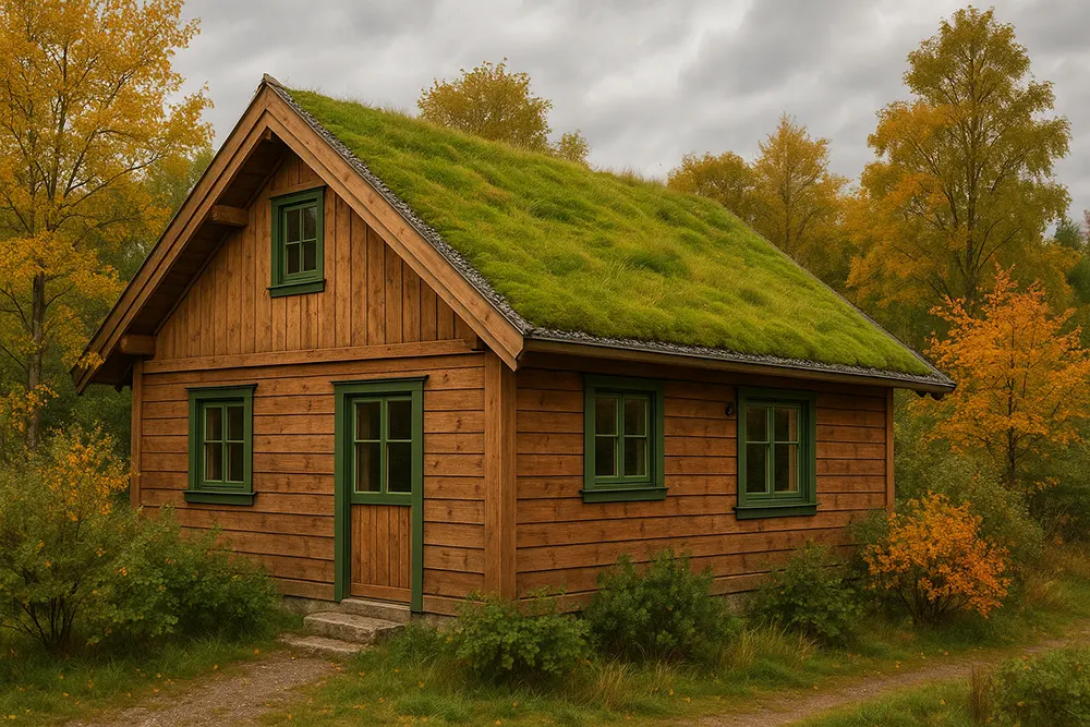 Eco Friendly Wooden Cottage with Grass Roof in Autumn Forest