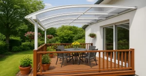 Modern curved polycarbonate balcony shed with white aluminum frame covering wooden deck dining area with hanging flower baskets and garden view