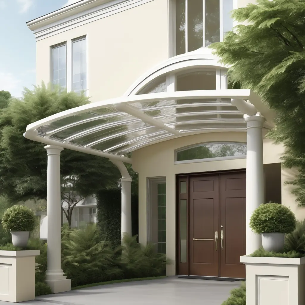 Stylish curved polycarbonate porch shed with a white frame and classical columns, sheltering the front entrance of a cream-colored modern home surrounded by neatly trimmed bushes and landscaped greenery