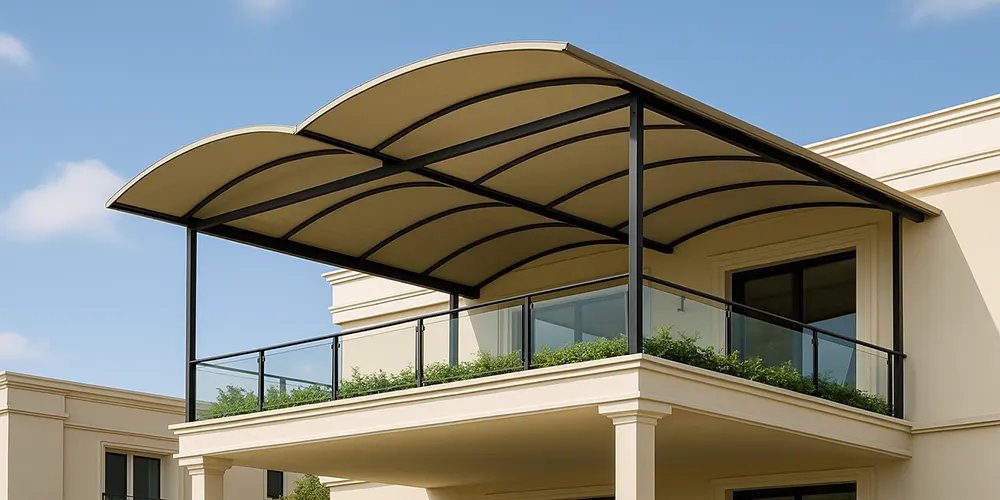 Contemporary balcony featuring a beige double-curve metal shed with black steel frame and modern glass railing, providing weather protection for an upper-level outdoor area on a cream-colored building with lush greenery and blue sky