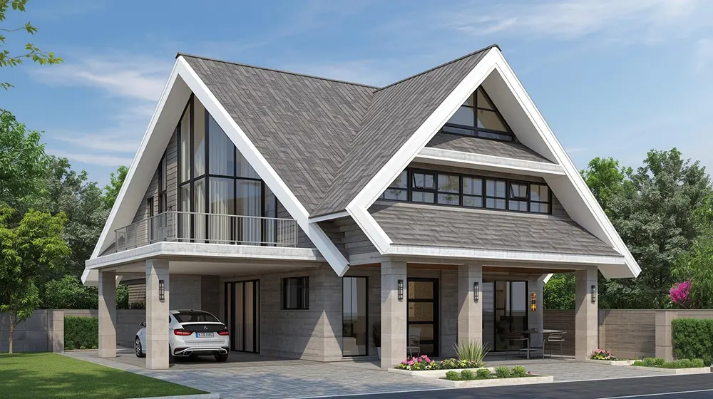 A sophisticated two-story residence with high-pitched gable roofs, floor-to-ceiling windows, and rooftop terraces. The facade combines light stone and grey materials, with a sheltered carport and manicured green lawn