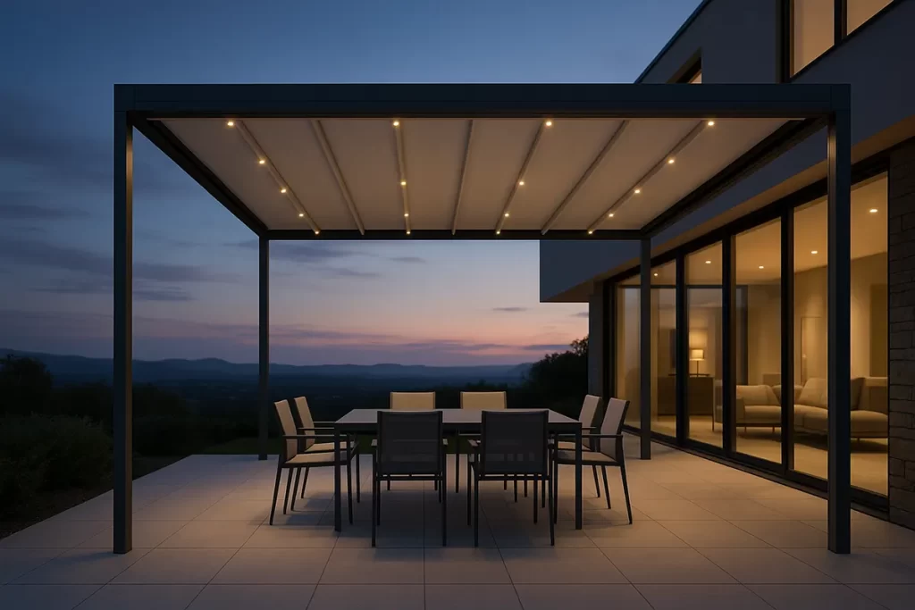 Sleek modern patio shed featuring a flat roof with built-in spotlights, supported by a dark metal frame and sheltering an outdoor dining table with eight chairs. The patio is paved with large tiles adjacent to a house with floor-to-ceiling windows, overlooking scenic hills at dusk for a warm and inviting atmosphere