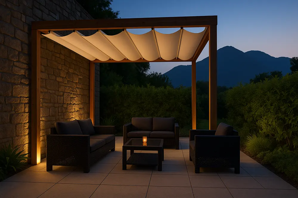 An elegant outdoor patio at dusk featuring a wooden pergola with a light-colored retractable fabric awning. The space is illuminated by warm integrated lighting and includes dark wicker lounge furniture, a stone wall, and a view of mountains in the background