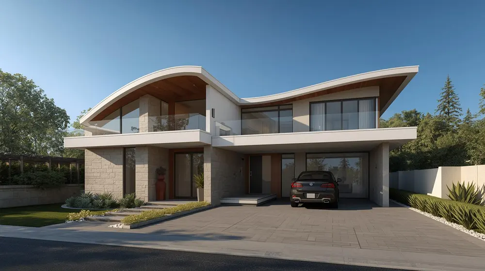 A modern two-level home boasts a gently curved roof, stone-textured exterior, wide balconies with glass railings, and minimalist landscaping. A luxury SUV is parked in the sheltered entryway, and the property is bordered by manicured hedges and trees