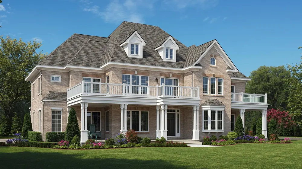 Elegant Two Story House with Dormer Windows and Spacious Balcony