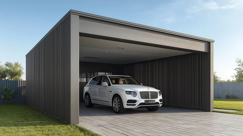 Modern box-style double carport with black cubic frame, warm wood slatted accent interior and ceiling, two dark luxury sedans parked side by side, private hedge landscaping, geometric driveway tiles