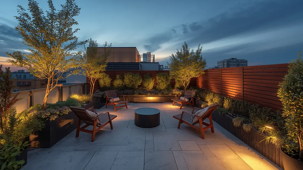 Evening Rooftop Garden with Trees Benches and Yellow Lighting