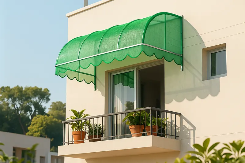 Realistic illustration of a fiber balcony shed featuring a green, semi-translucent scalloped-edge fiber sheet supported by a metal frame, mounted above a window on a light-colored exterior wall of a modern residential building, with outdoor potted plants and distant trees in the background