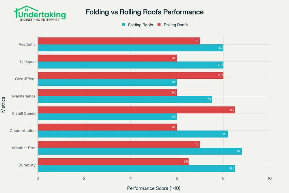 A detailed comparison chart illustrating the performance of folding shed roofs versus rolling roof systems in India. It visualizes durability ratings, weather protection levels, installation speed, and initial cost-effectiveness for each roof type, helping property owners assess their best roofing solution