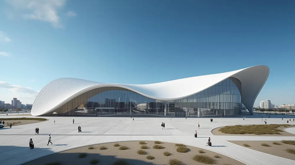 Futuristic Cultural Center with Flowing White Roof and Glass Facade