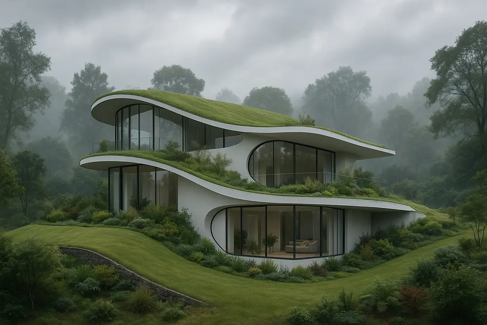 Futuristic Eco Home with Multi Level Curved Green Roofs in Forest Oasis
