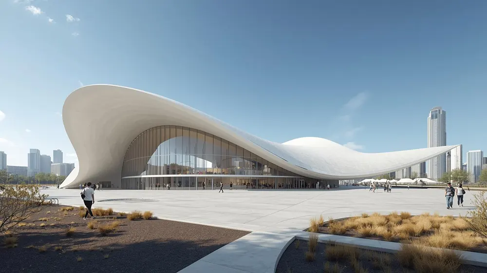 Futuristic Event Center with Curved White Roof and Glass Walls