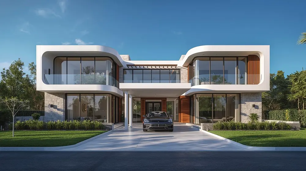 An architectural masterpiece with bold, squared curved rooflines, floor-to-ceiling glass, white and wooden accents, and tropical landscaping. The home features a broad entry drive with a luxury car, exuding high-end, futuristic design