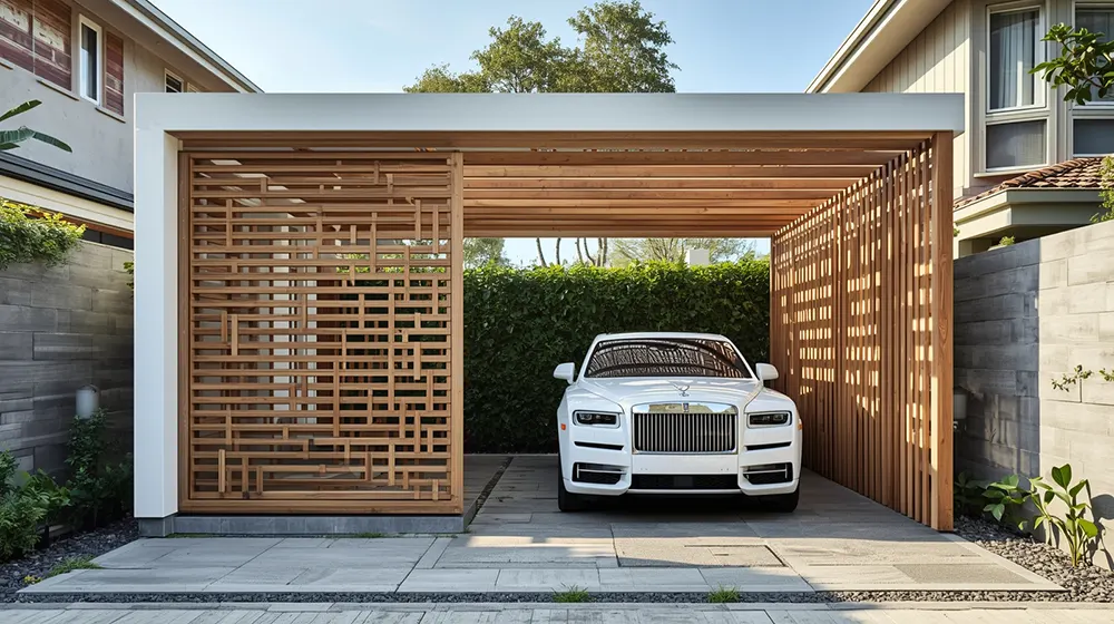 Modern car parking shelter featuring a white geometric steel frame, intricate wooden lattice privacy screen, open timber pergola roof, white luxury sedan parked on a paved driveway, urban residential landscape with stone walls and green vines