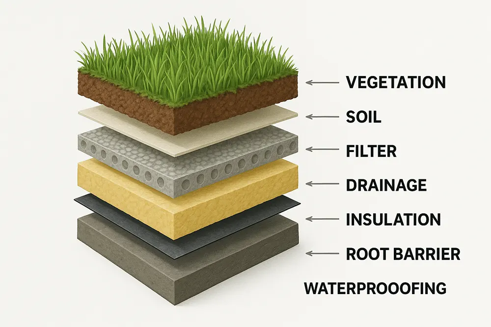 A detailed 3D illustration shows the exploded layers of a green roof system, including labeled strata: vegetation, soil, filter, drainage, insulation, root barrier, and waterproofing. Each layer is visually distinct, demonstrating the structure and sequence needed to build a sustainable living roof