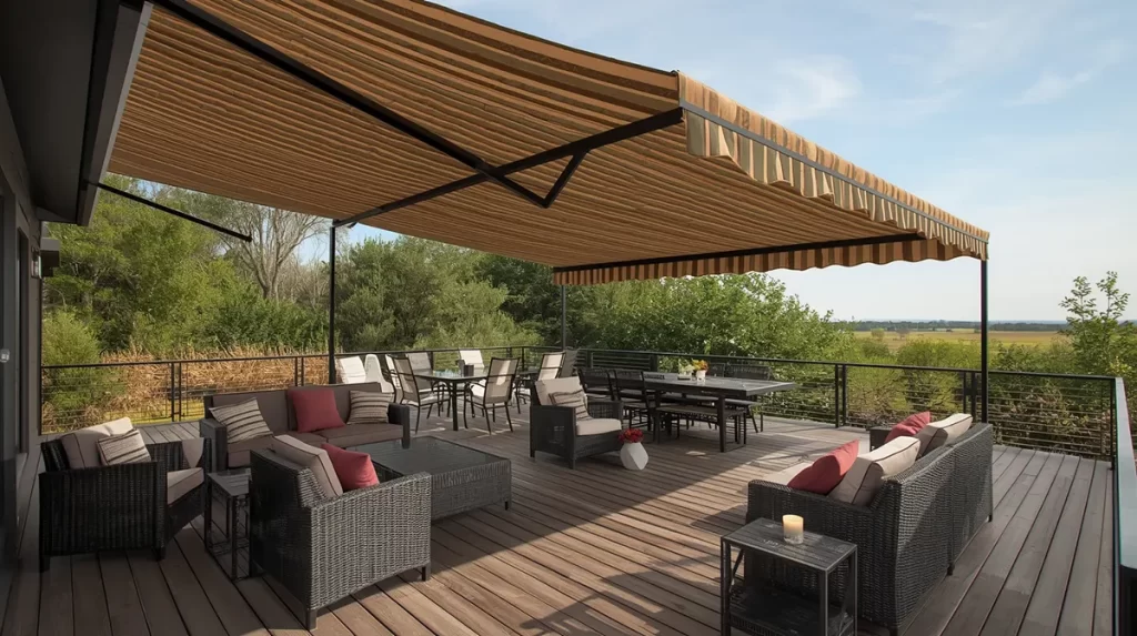 Spacious contemporary balcony with a large striped retractable awning providing shade for an outdoor seating area furnished with woven sofas, armchairs, and dining sets. The balcony features wooden decking, metal railings, and overlooks lush greenery and open landscapes, creating an inviting and stylish space for relaxation and entertaining
