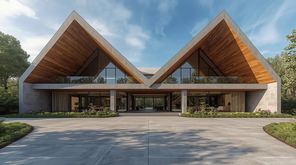 An architectural rendering of a high-end modern house with a dramatic butterfly roof profile. The front is dominated by floor-to-ceiling glass walls and warm timber accents, opening onto lush gardens and a broad paved driveway. The uniquely angled roof creates a bold, elegant silhouette on a sunny day