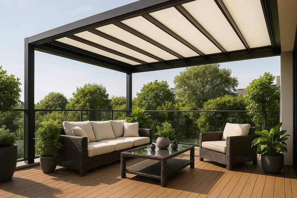 High-end balcony with a sleek black steel frame supporting a retractable cream-colored roof, featuring modern outdoor wicker furniture with beige cushions, glass coffee table, potted green plants, and glass railing. The setting overlooks lush trees in bright daylight, creating a stylish, comfortable, and functional retreat for premium residential living