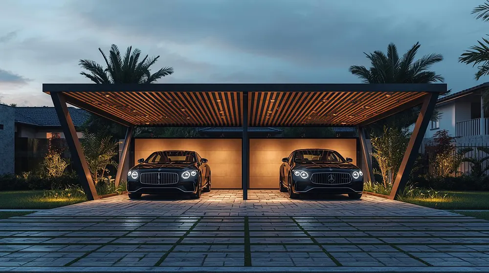 Luxury modern double car carport with dramatic angled steel supports, slatted wood ceiling and integrated warm LED lighting, two black premium sedans parked side by side, evening ambiance with illuminated driveway path, lush palm landscaping and upscale neighborhood setting