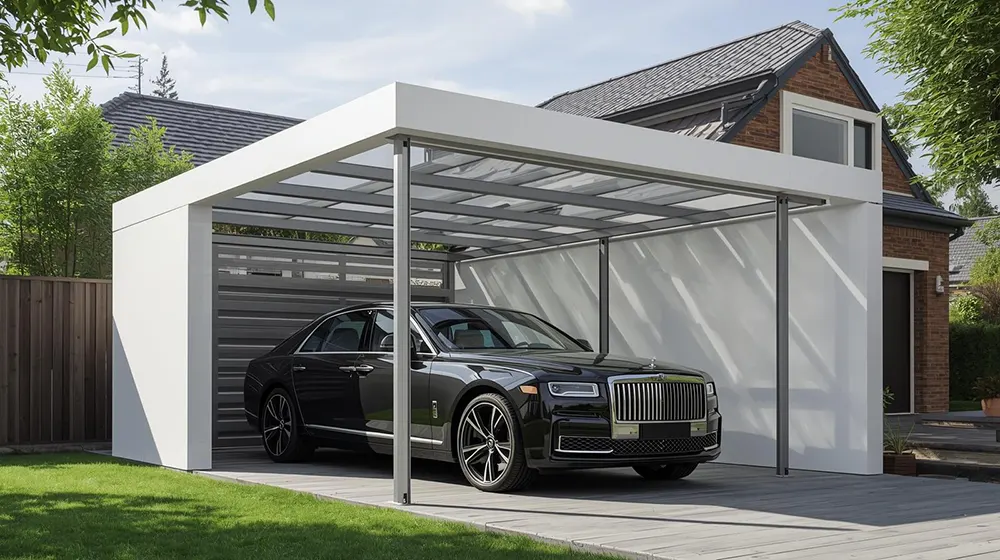 Luxury home car parking shed featuring a sleek white structure and clear polycarbonate roofing, cantilever design for unobstructed entry, black premium sedan parked, light-filled minimalist residential setting, landscaped garden and modern home, stylish functional carport for upscale properties