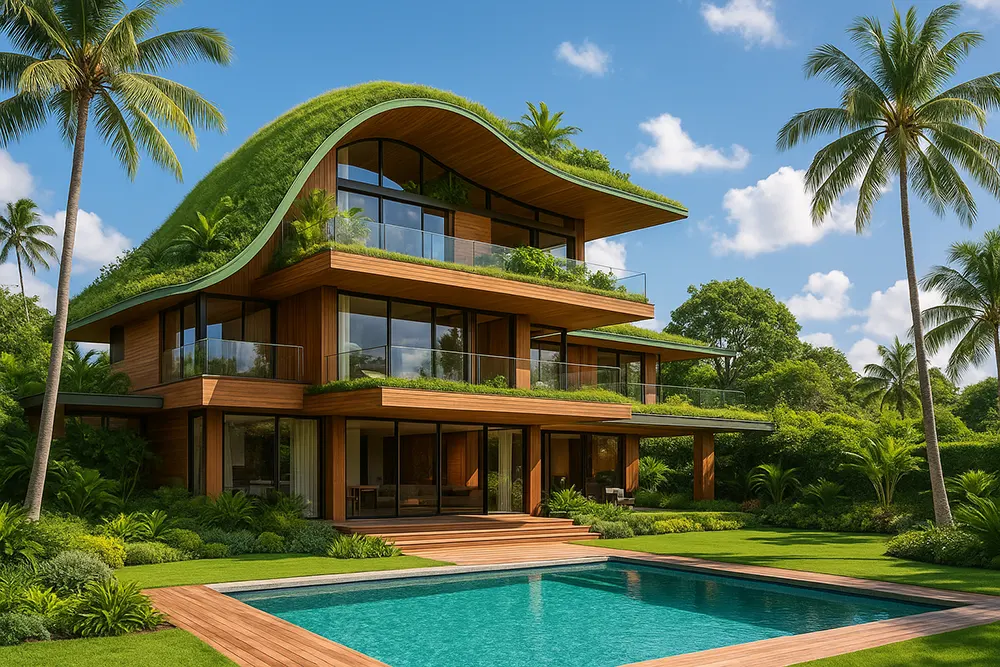An architecturally striking multi-level house with natural wood siding, expansive glass windows, and a sweeping curved green roof covered in grass and tropical plants. The design includes spacious terraces and a large swimming pool, surrounded by lush landscaping, palm trees, and vibrant greenery under a clear blue sky with soft clouds