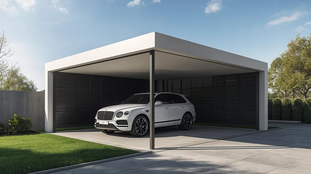 Minimalist modern single car parking shed with cube-shaped white frame and matte black louvered privacy screens, white luxury SUV parked underneath, open airy design, squared paver driveway, manicured green lawn and surrounding privacy landscaping