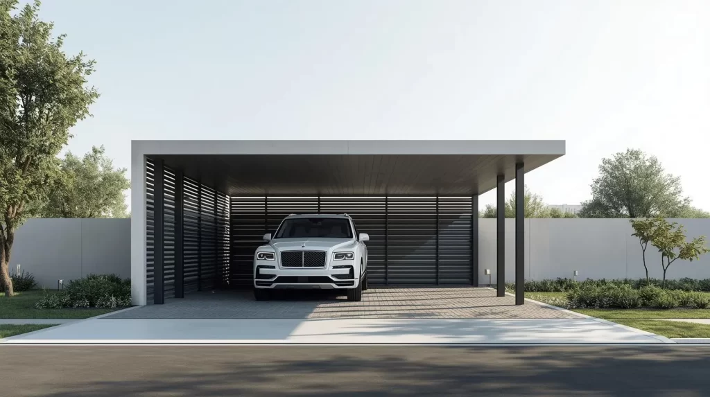 Minimalist single car parking shed with a flat roofed box frame and black horizontal louvered privacy screens on three sides, white luxury SUV parked on a contemporary paved driveway, manicured green landscaping, modern architectural style