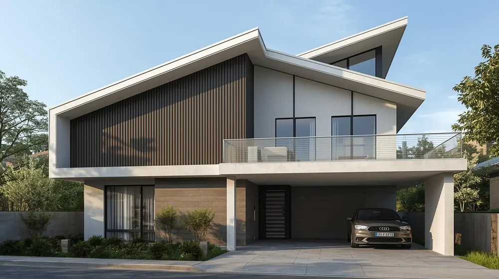 A minimalist architectural home defined by sharp, geometric sloped roofs, glass balcony railings, large modern windows, and vertical siding. The layout includes a carport, neat shrubs, and an elegant, understated garden frontage