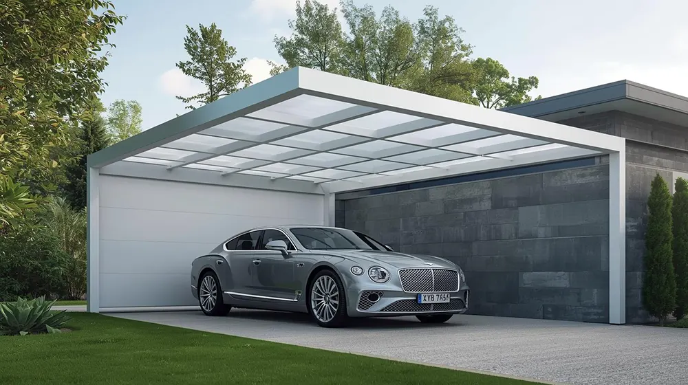 Minimalist home car parking shed featuring a sleek steel frame and transparent polycarbonate roofing, cantilever design without front support pillars, luxury sedan parked underneath, clean geometric lines, contemporary residential setting with green landscaping and dark stone wall, ideal for modern home exteriors