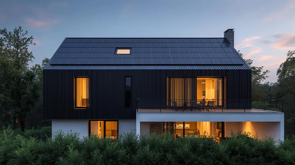 Minimalist Modern Home with Integrated Solar Panel Roof and Walls