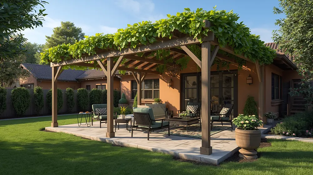 A stylish backyard patio featuring a wooden pergola covered with thick green vines, providing shade for a comfortable outdoor seating area. The patio, furnished with cushioned chairs and potted plants, sits beside a suburban home with warm-colored walls, surrounded by a manicured lawn, privacy fence, and well-maintained landscaping on a sunny day