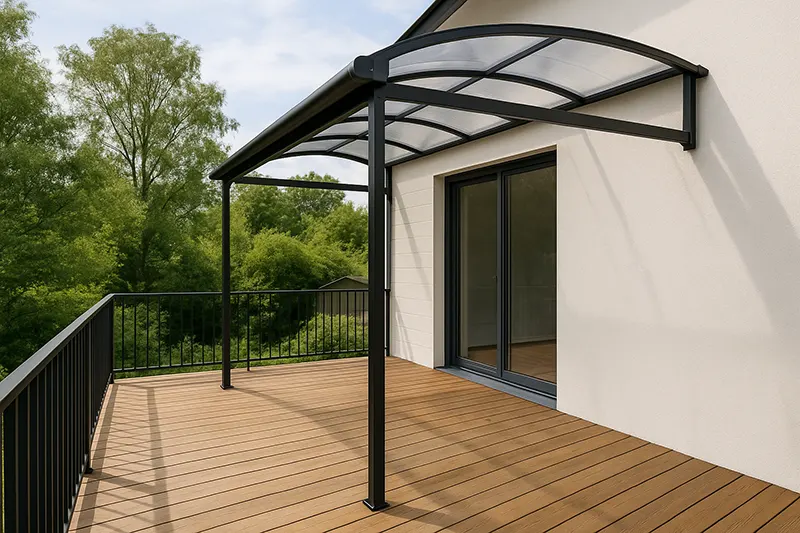 Contemporary balcony featuring a black metal-framed shed with a clear, curved polycarbonate roof, mounted on a light-colored exterior wall above wooden deck flooring, overlooking lush green trees and a garden landscape