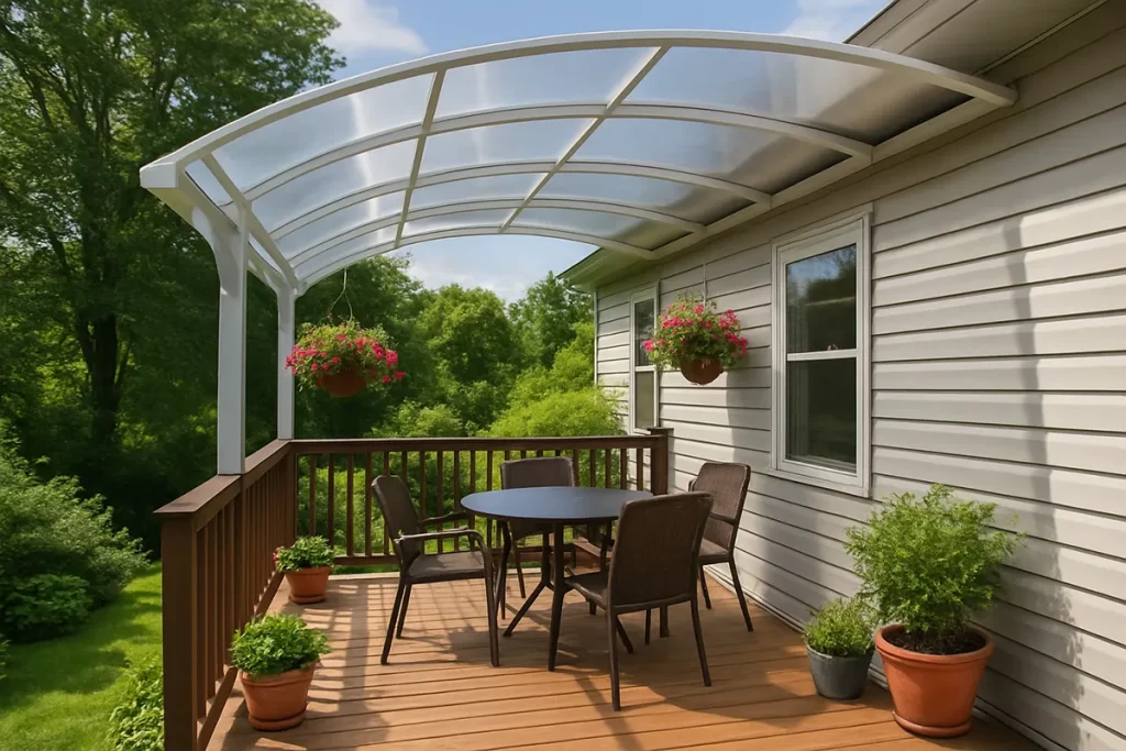 Modern Balcony Shed with Curved Polycarbonate Roof and Outdoor Dining Space