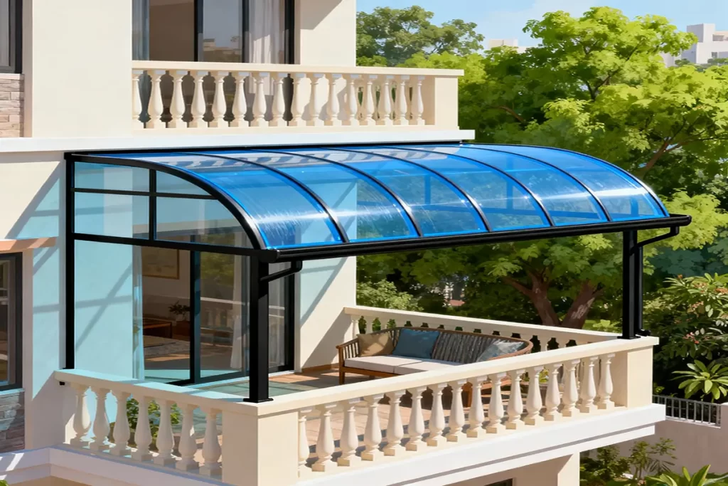 High-quality, realistic illustration of a contemporary balcony shed featuring a gently curved transparent blue polycarbonate roof supported by a sleek black steel frame, extending from a modern residential building. The balcony showcases a light-colored railing, comfortable outdoor seating area, and lush green trees in the background, creating an open, airy, and functional design ideal for Indian urban or suburban homes in bright daylight.