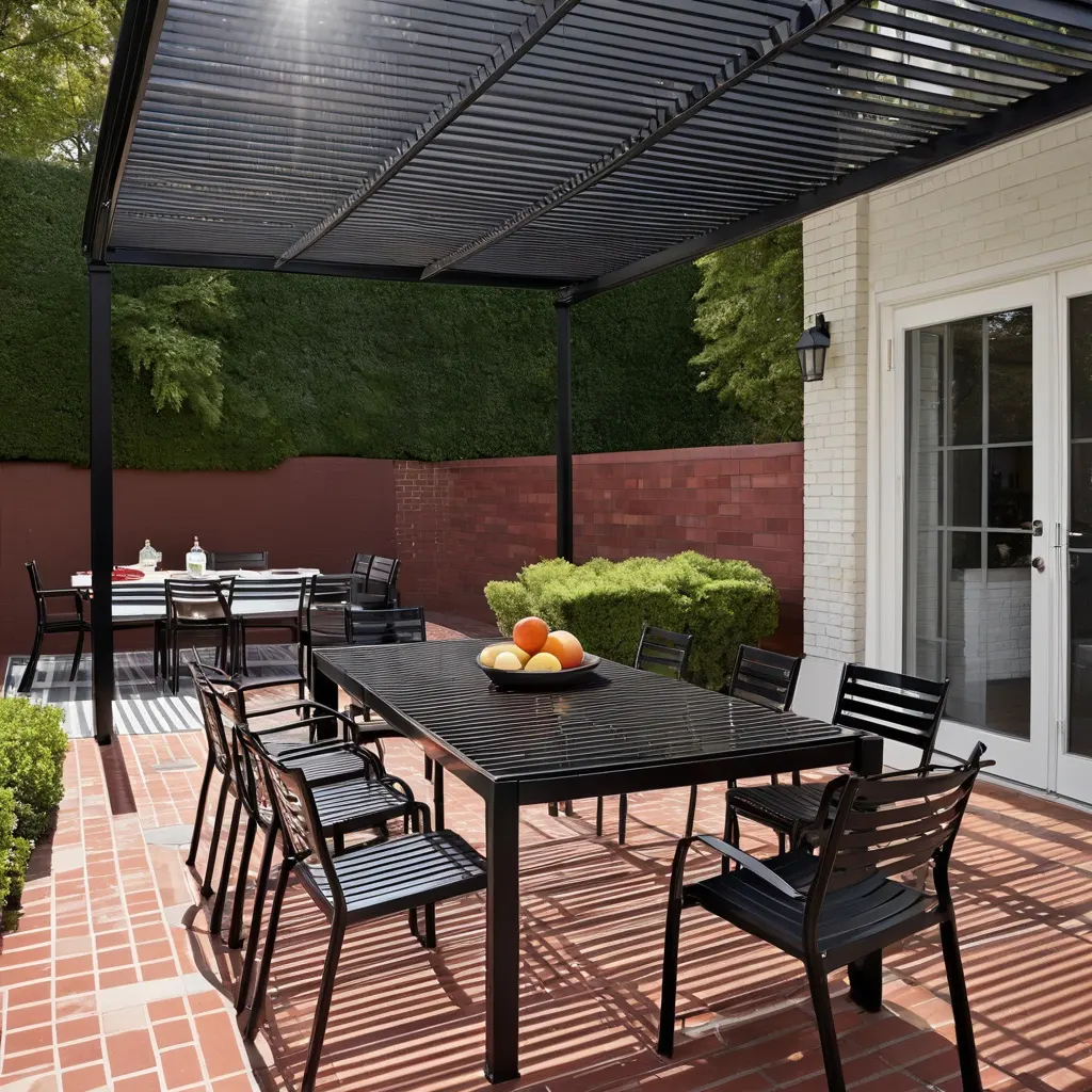 Contemporary outdoor patio area with a large black metal louvered pergola roof, casting striped shadows over brick pavers and two black dining tables with matching chairs, set against white brick house, red wall, and green garden hedges