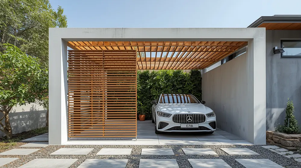Contemporary single-car parking shed with white cubic frame, horizontal timber lattice privacy divider, open timber pergola roof, white Mercedes sedan parked inside, clean square tile driveway, green vertical garden wall, modern home exterior