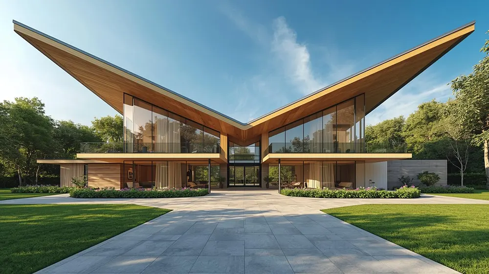Modern Butterfly Roof House with Concrete and Wood Facade