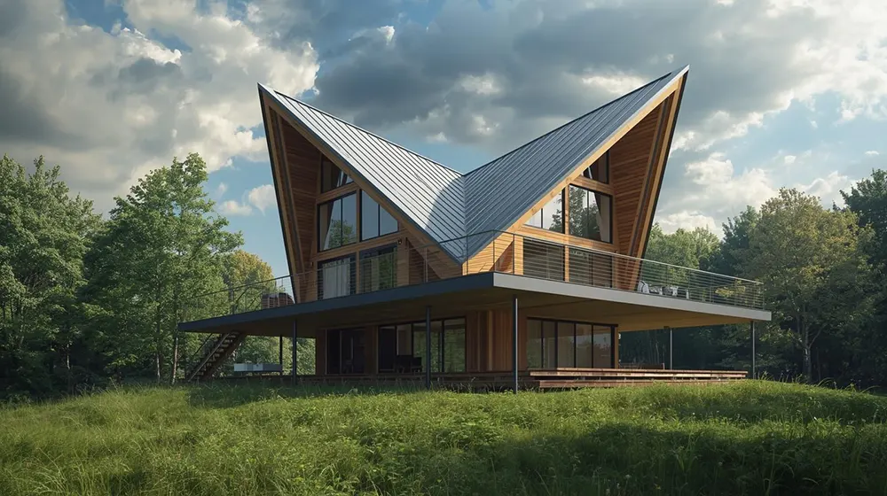 Modern Cabin with Dramatic Butterfly Roof and Wraparound Deck