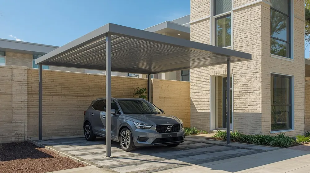 Modern residential car parking structure featuring a gray metal frame and horizontal slatted roof panels, blue luxury SUV parked underneath, integrated wooden privacy wall alongside, attached to cream-colored brick home facade with large windows, geometric tile driveway, manicured landscaping, bright clear sky, contemporary architectural design