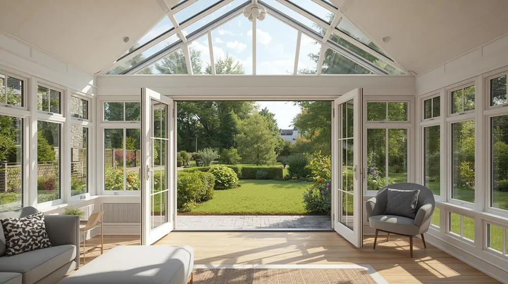 Modern Conservatory with Glass Roof and Open Patio Doors to Garden