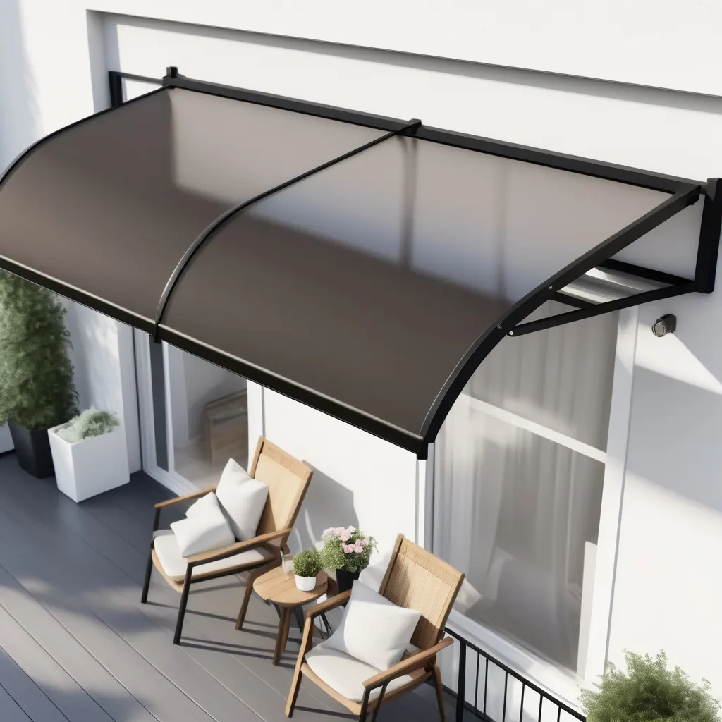 Contemporary fiber shed with a gently curved dark translucent sheet and sleek black frame, mounted above a minimalist balcony area featuring wooden chairs, white cushions, potted plants, and a small side table on a grey floor, attached to a modern light-colored building facade