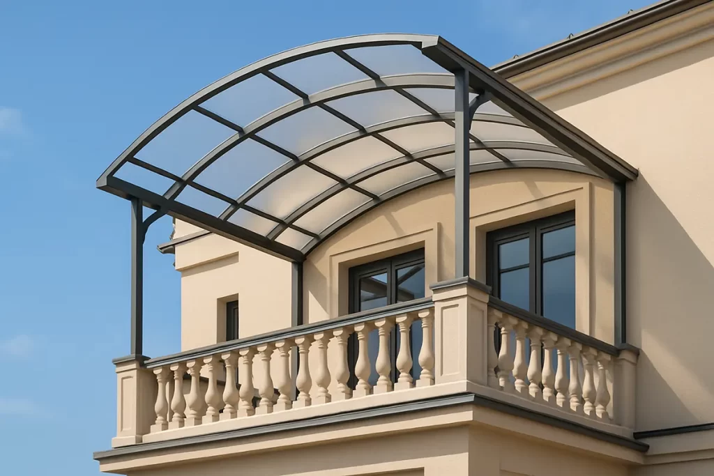 Modern Curved Polycarbonate Balcony Shed with Classic Railings