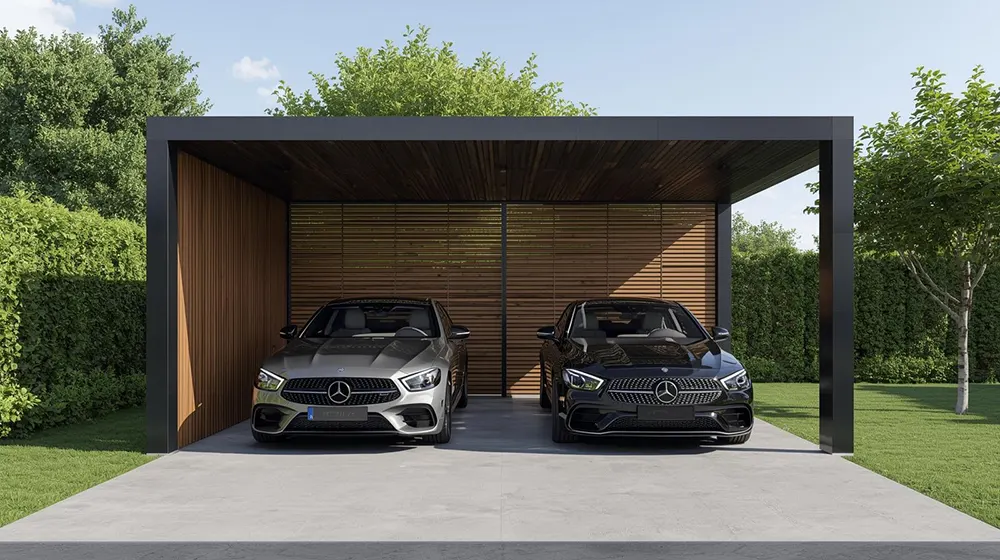 Box-frame double car parking shed with warm wood slat ceiling and accent wall, black luxury sedans parked side by side, minimalist geometric design, lush hedge background and manicured lawn, upscale contemporary residential environment