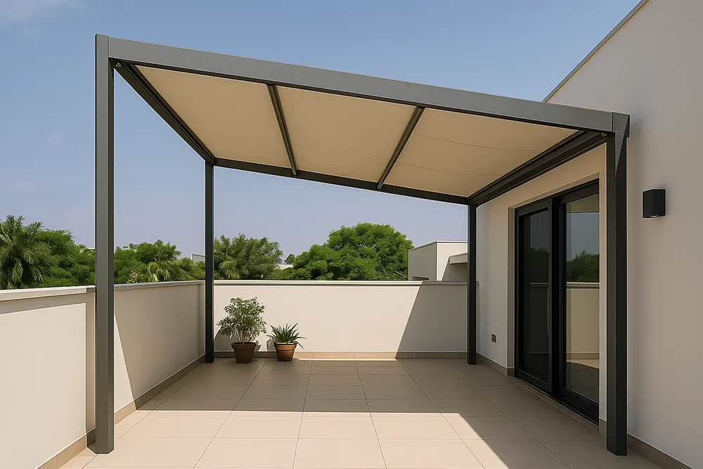 A modern folding shed roof with a sleek, dark gray aluminum frame and a light cream-colored fabric canopy, installed on a sunlit rooftop terrace. The structure provides shade over a clean, tiled patio next to a white building with sliding glass doors.