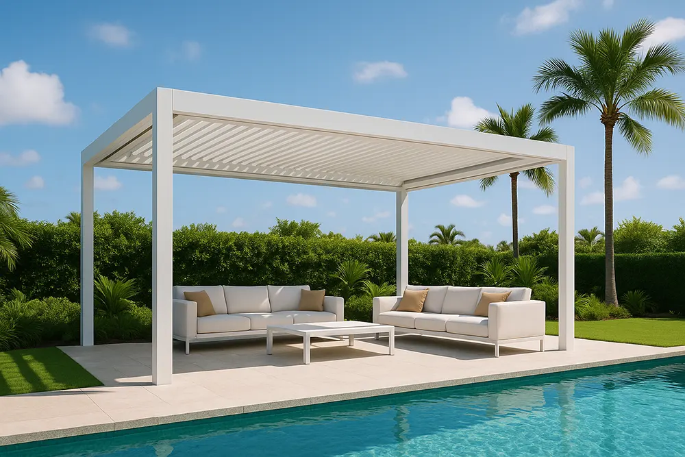 A modern, white aluminum folding shed roof with an adjustable louvered design installed over a poolside patio. The structure provides shade for a comfortable outdoor lounge area with white sofas next to a bright blue swimming pool, surrounded by palm trees and lush greenery