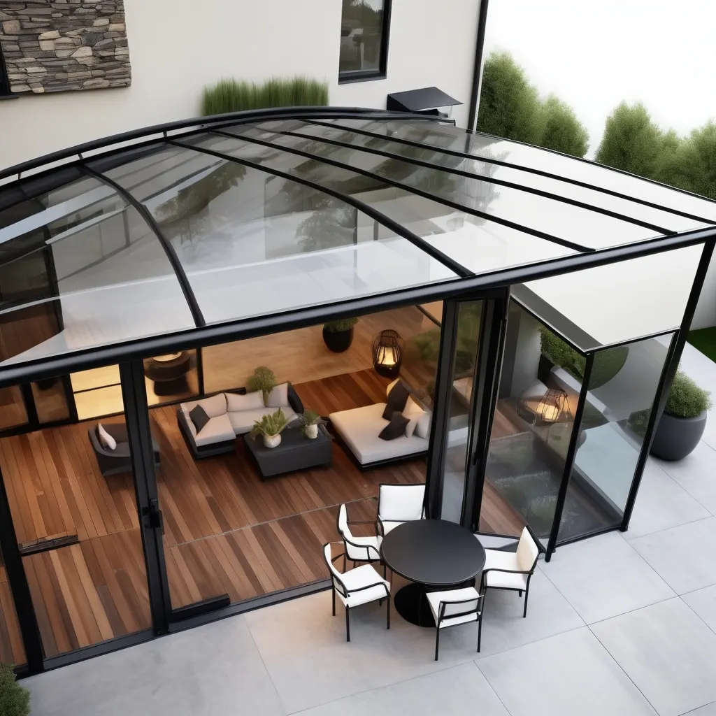 Contemporary curved glass and steel balcony shed viewed from above, featuring a spacious indoor-outdoor lounge with wood flooring, sectional sofas, coffee table, and a black patio dining set. The shed’s transparent roof lets in natural light while protecting the stylish relaxation area, surrounded by minimalist landscaping and modern architectural elements