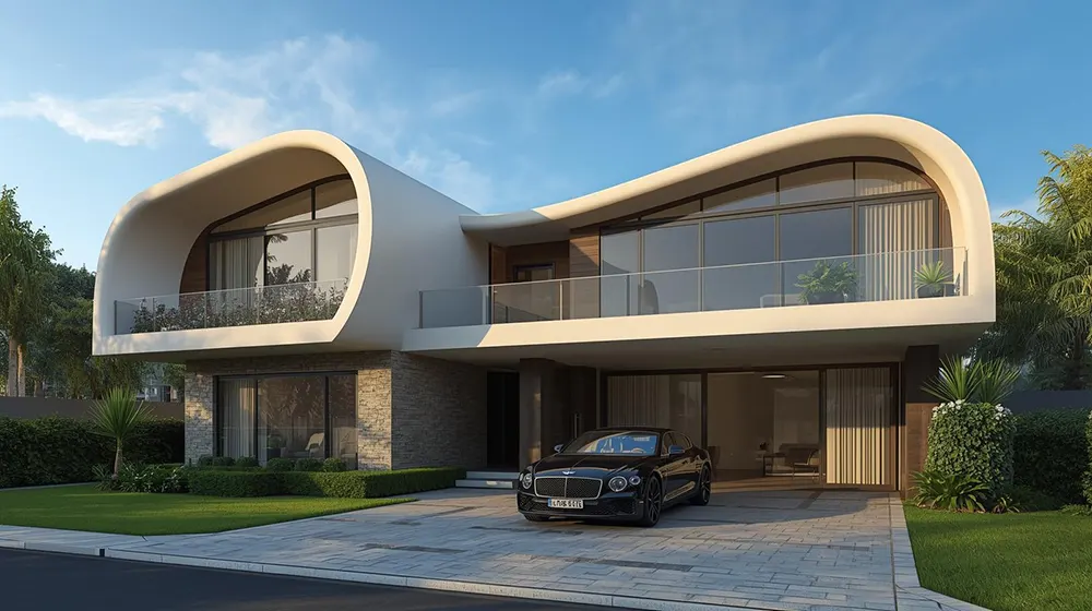 Modern Luxury Home with Dramatic Curved Roof and Glass Facade