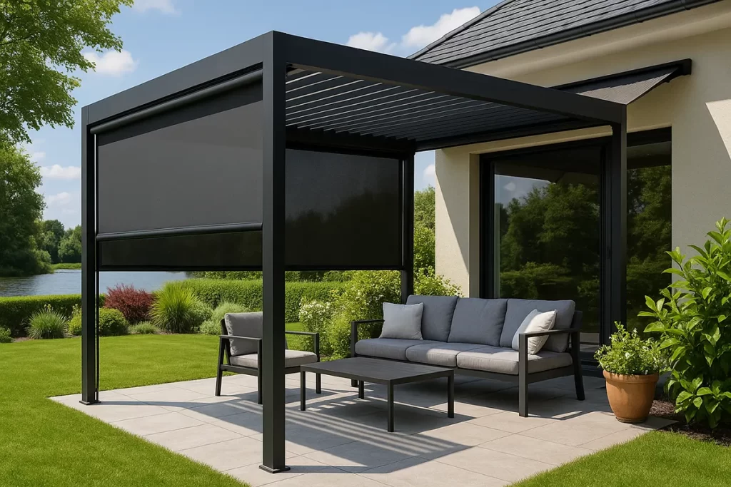 Modern Outdoor Shed with Adjustable Roller Shades and Stylish Garden Seating